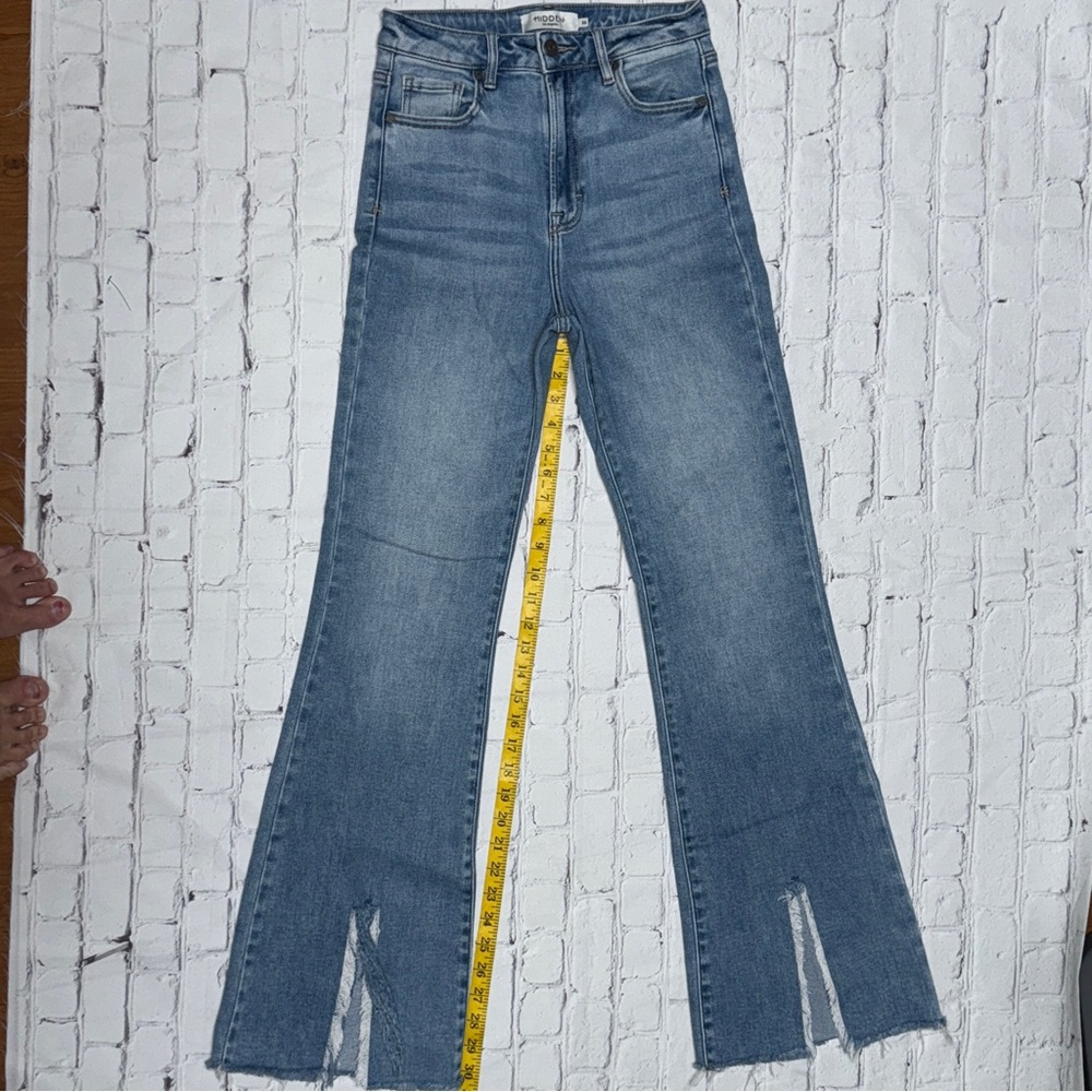 Hidden Blue Distressed Flare Jeans with Leather Patch and slit - Picture 9 of 10